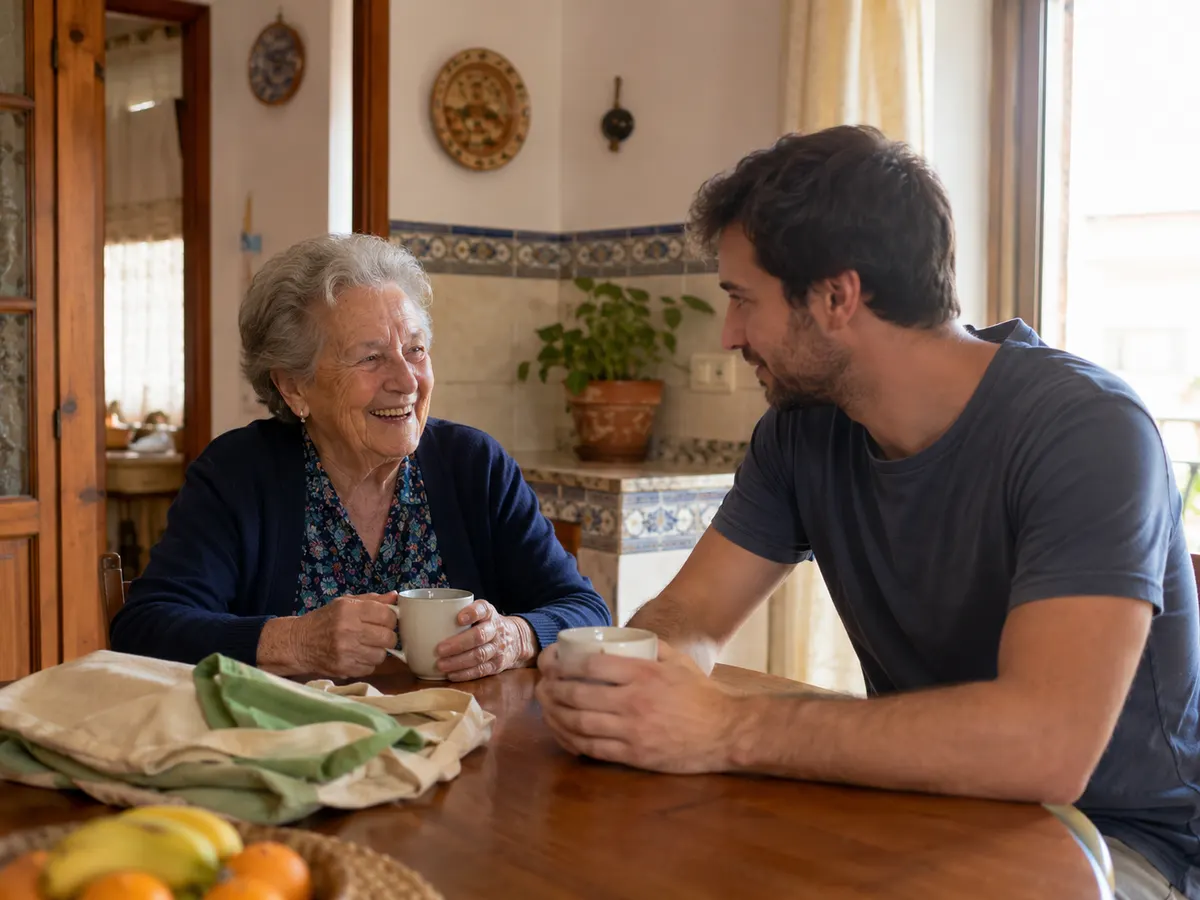 Dos vecinos charlan tomando un café en la cocina después de terminar la compra